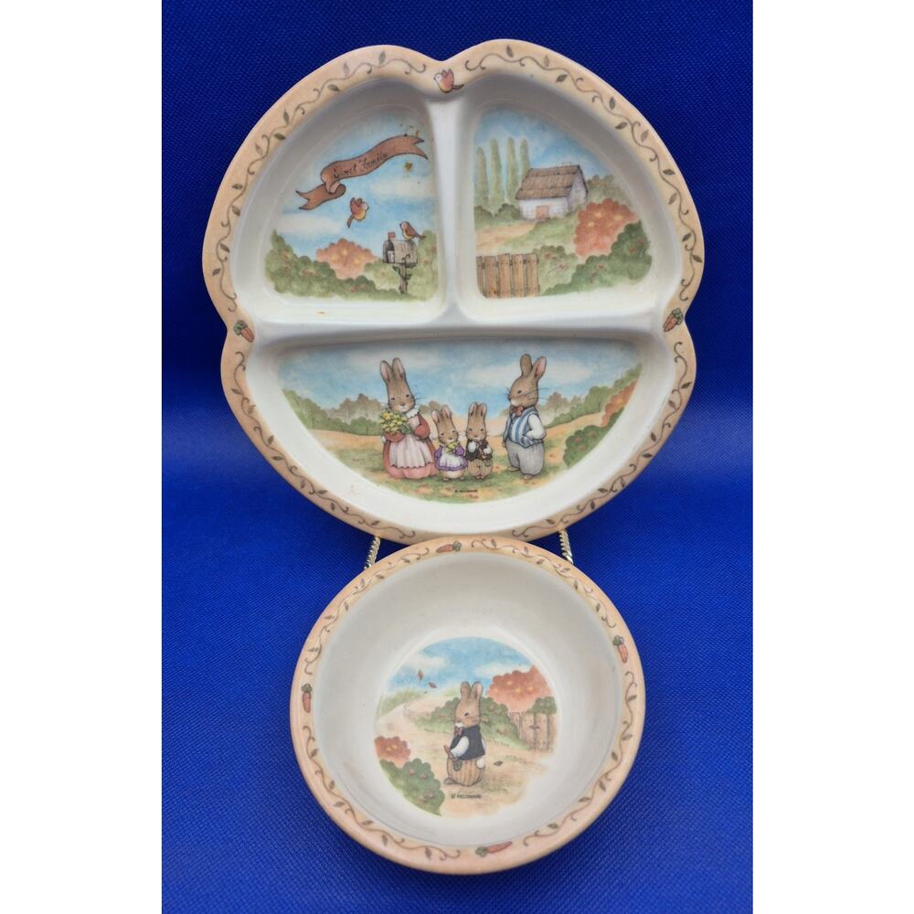 Vintage PECO Melamine Sweet Bunny Family Child Dishes Divided Plate Bowl Taiwan